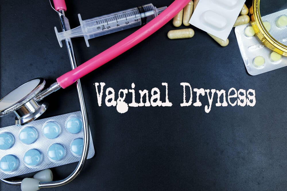 Vaginal Dryness Word, Medical Term Word With Medical Concepts in Blackboard and Medical Equipment Background.